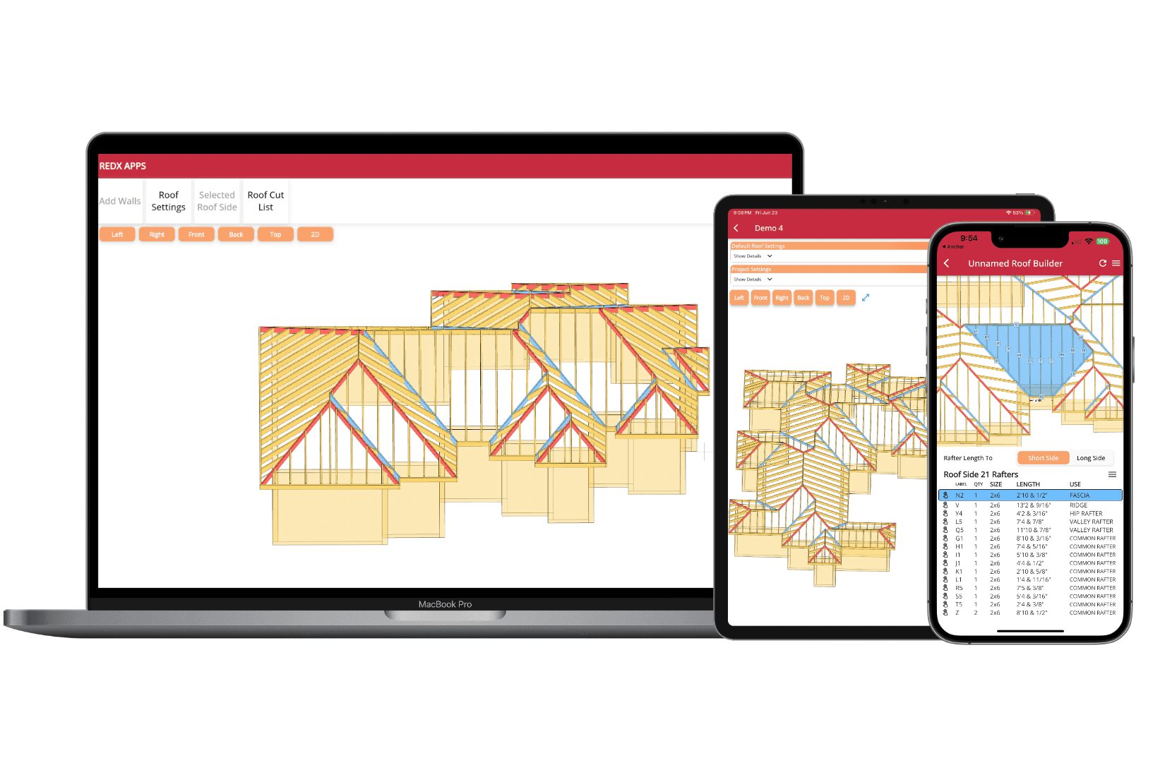 RedX 3D Roof Builder showing automatic roof generation with rafter layout and plywood