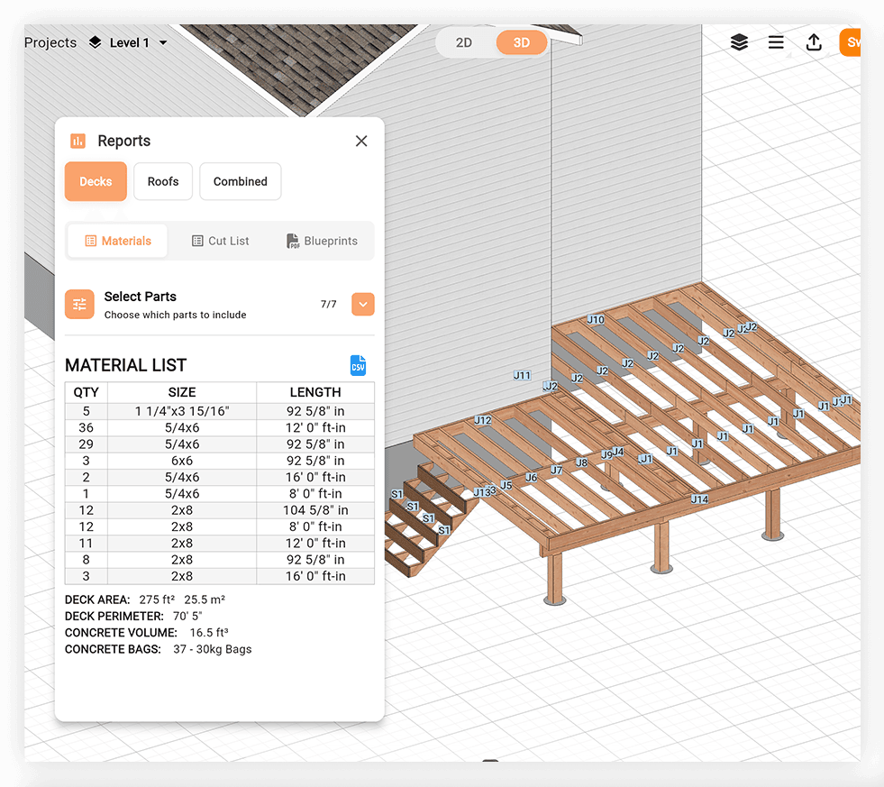 Deck planner cut list and material list showing board quantities, lengths, and beam sizes