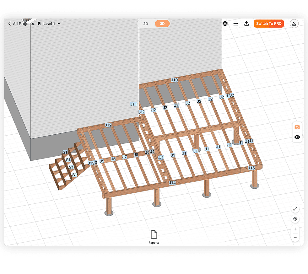Deck design software showing L-shaped deck with automatic beam and joist layout