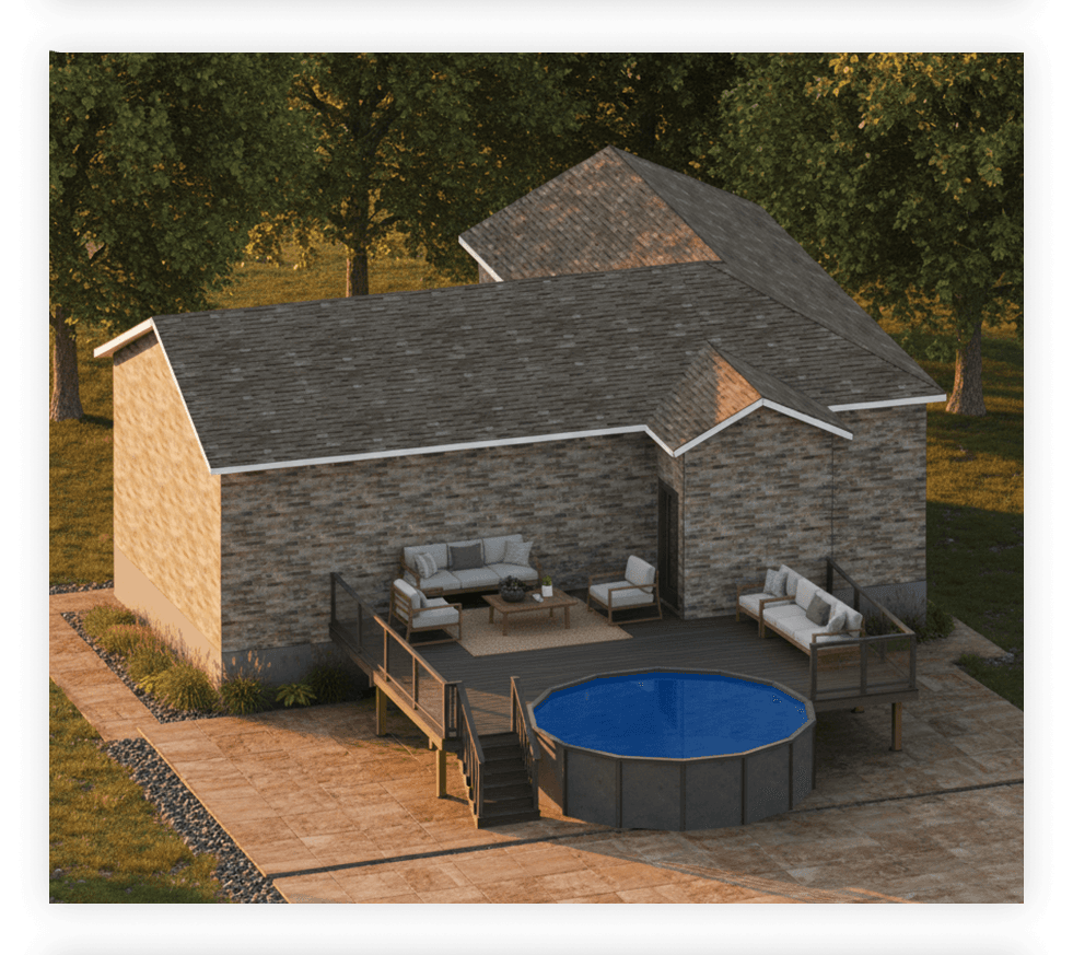 3D deck designer rendering a realistic deck with decking boards, railings, and stairs