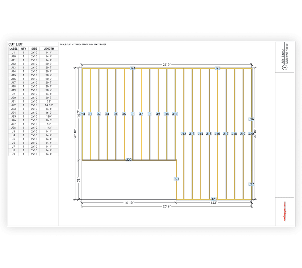 House floor joist layout showing 2x10 joists with spacing and span
