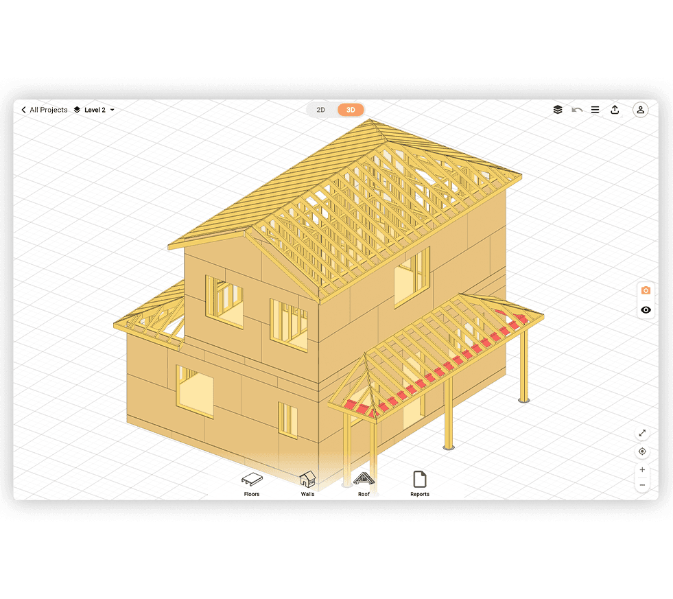 3D auto-generated house roof framing with hip rafters, ridge and common rafters