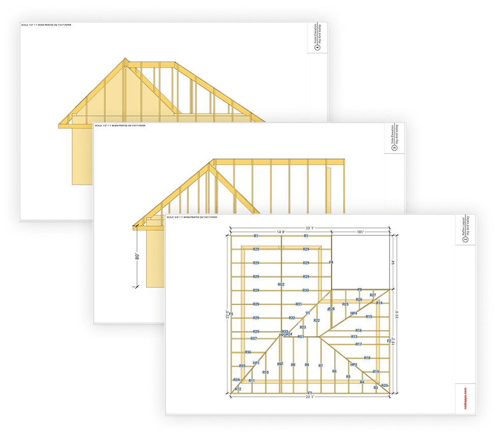 Roof blueprint with elevation drawings, labeled parts, and rafter details