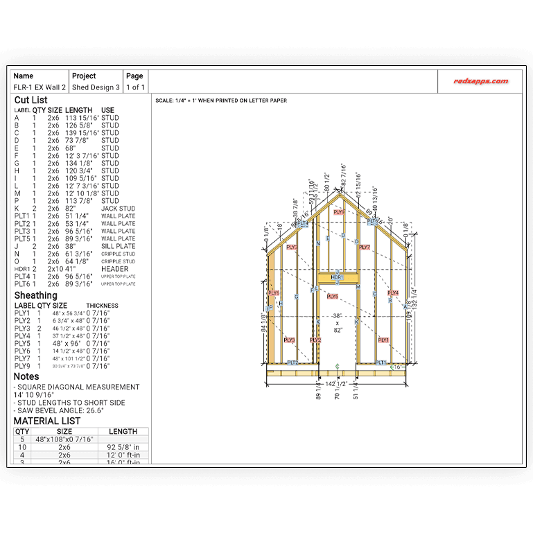 Shed wall framing plan showing straight wall and rake wall with stud layout