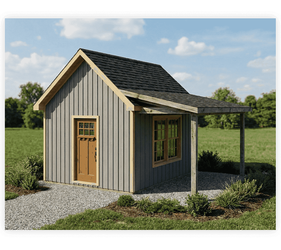 Realistic 3D render of a backyard shed showing exterior siding, roof, and doors