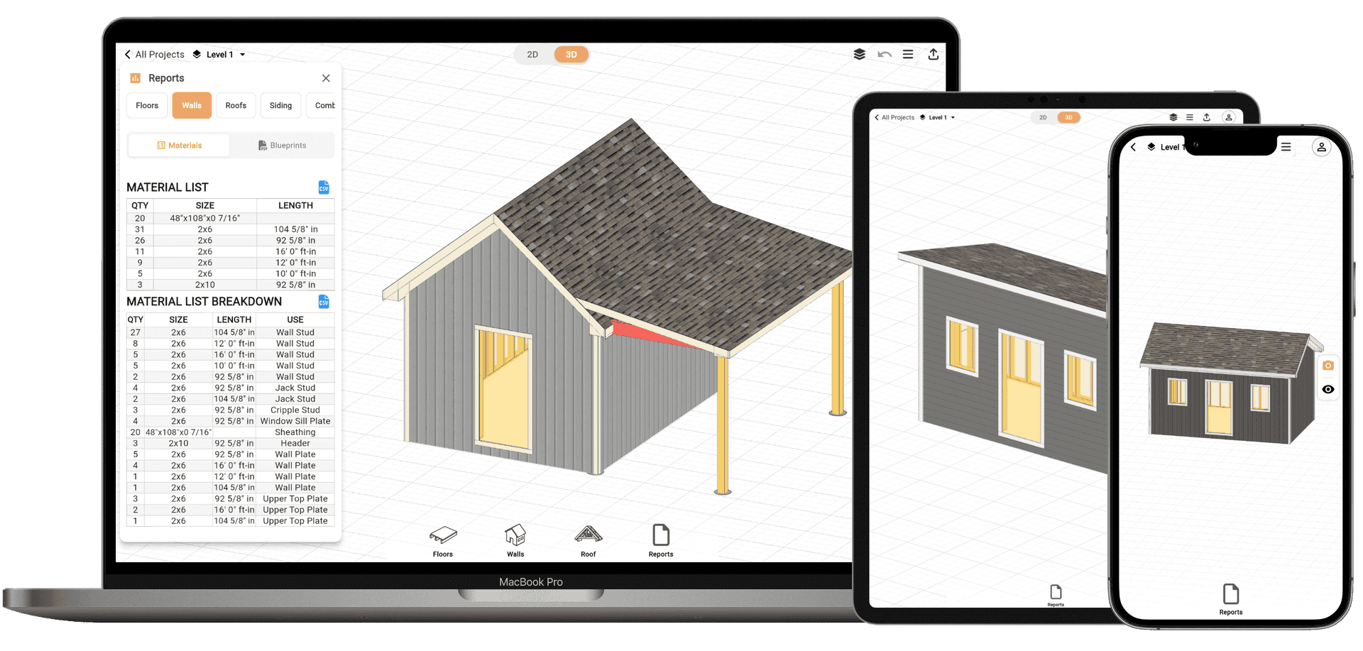 RedX Apps Shed Plan Builder showing floor framing, wall layout, and roof