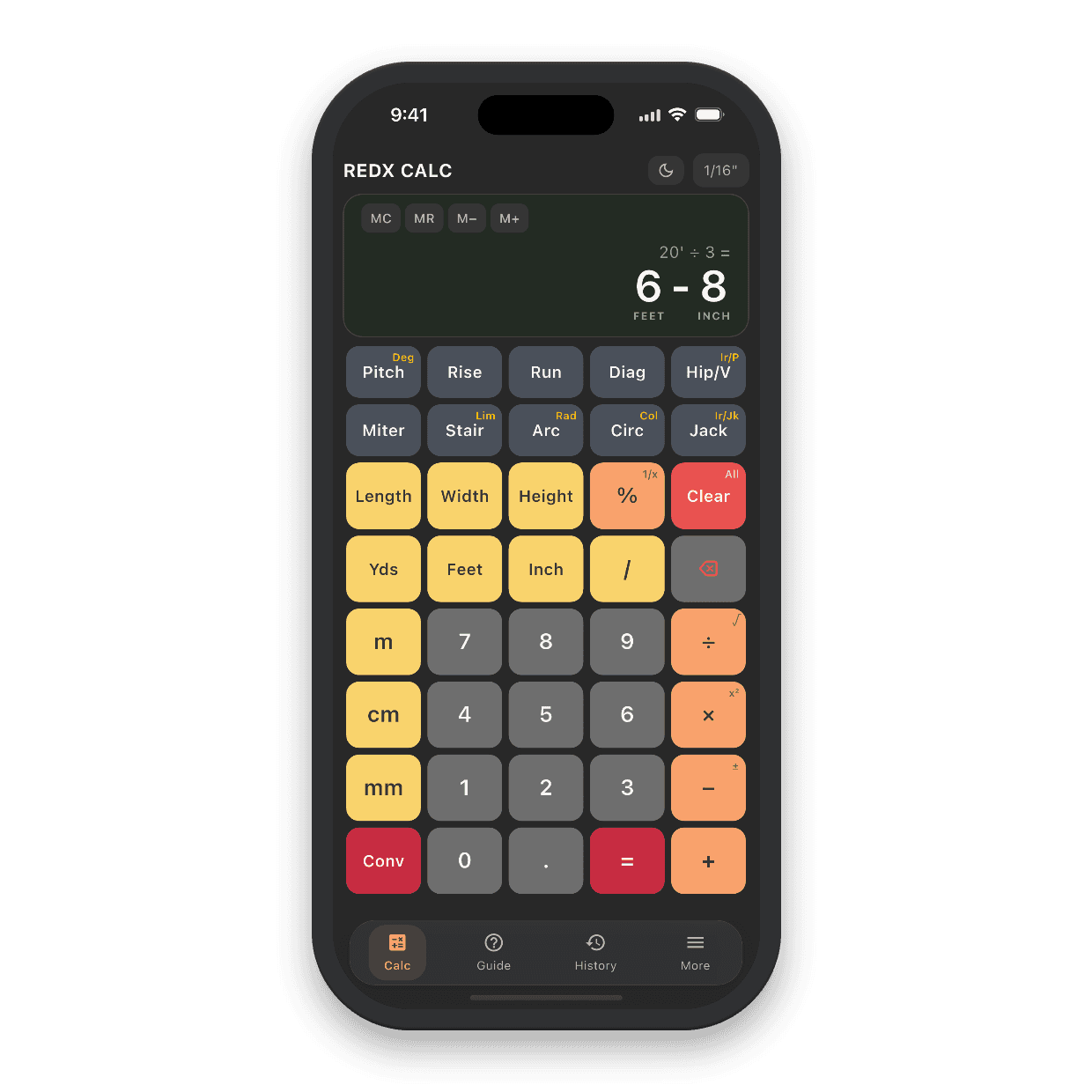 RedX Construction Calculator in dark mode showing 20' divided by 3 equals 6' 8"