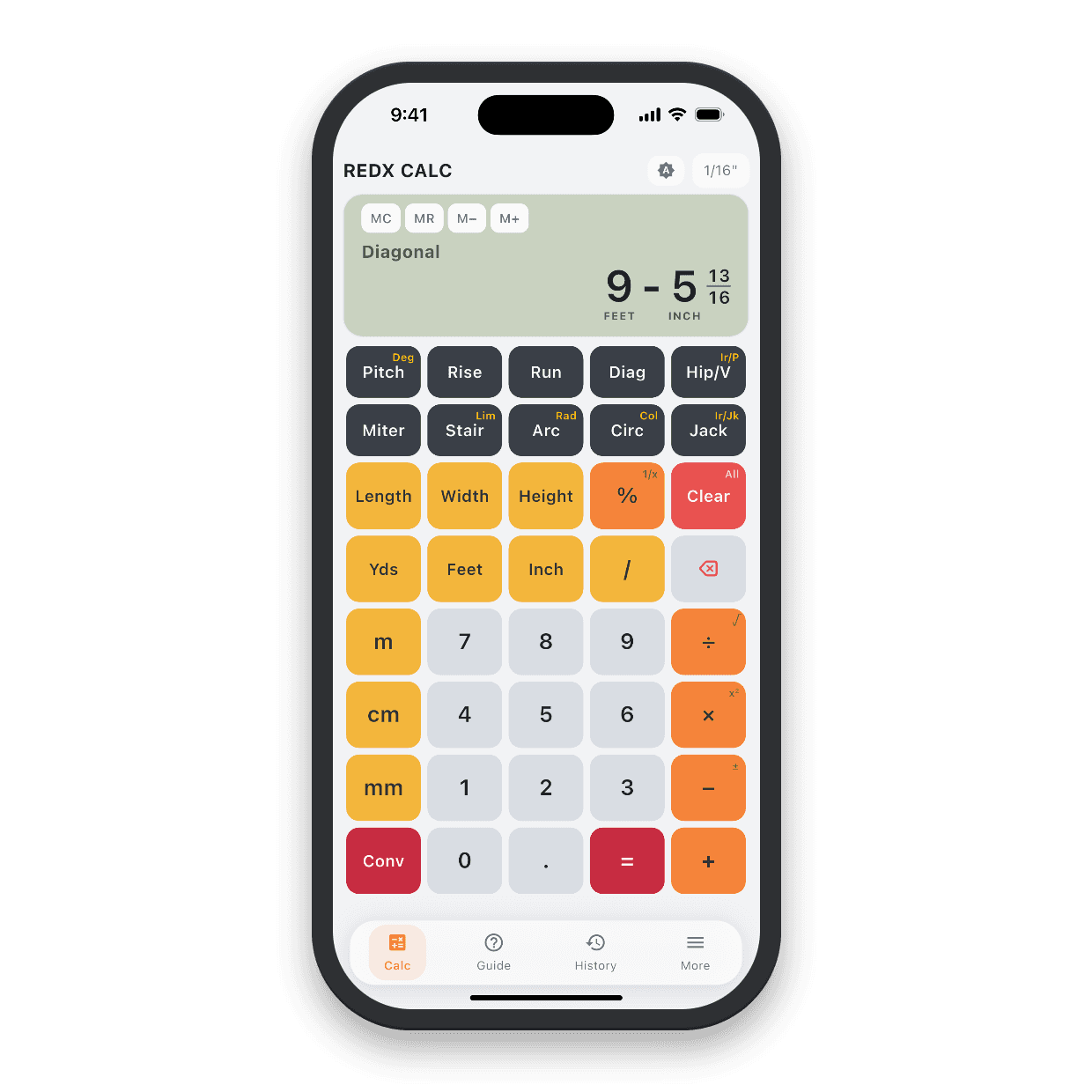 Rafter calculator solving a 9' 5 13/16" diagonal from pitch, rise and run