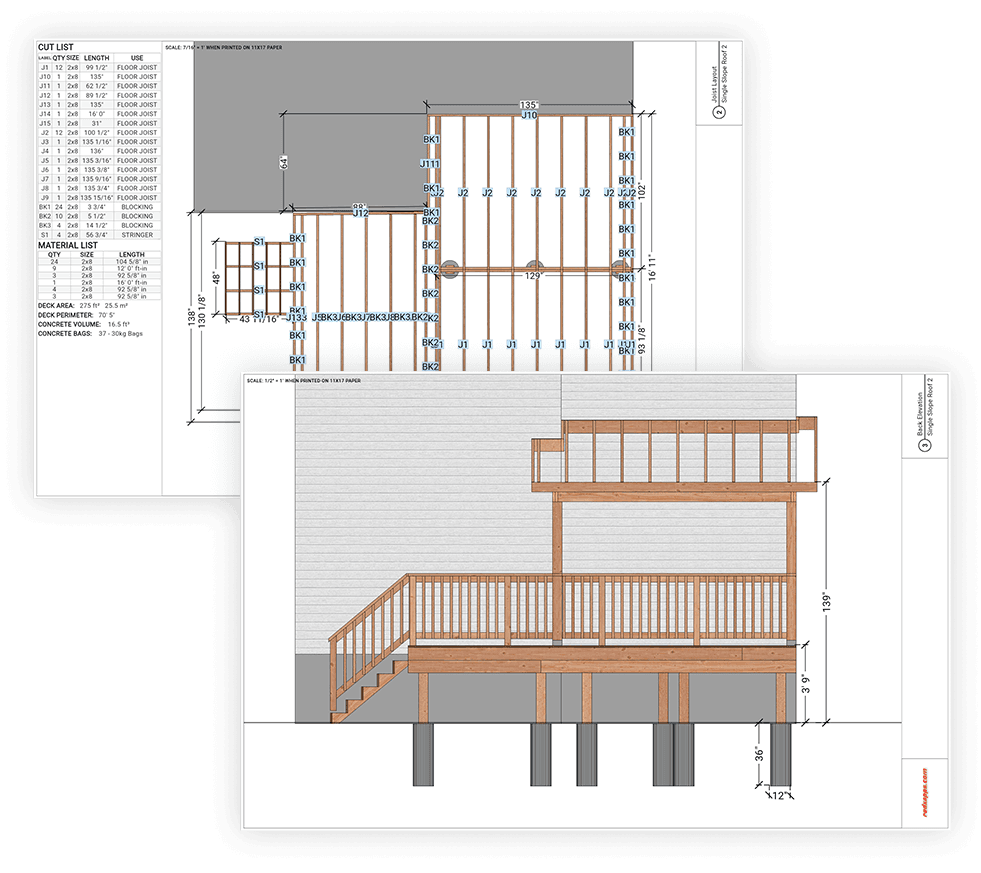 Deck design software generating permit-ready blueprints from a 3D deck plan