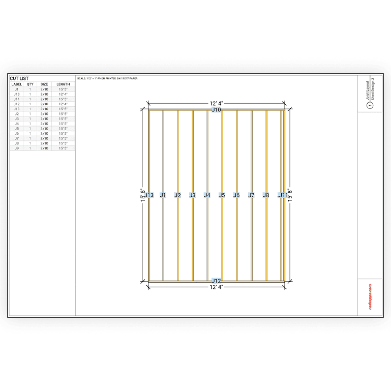 Shed floor framing plan showing 2x8 floor joists with spacing and span