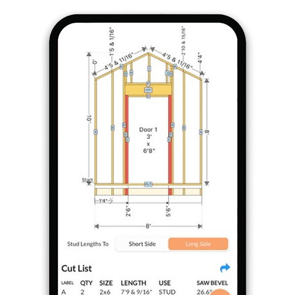 Rake wall framing calculator showing angled stud layout with bevel angles
