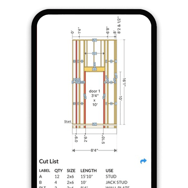 Tall wall framing software showing doubled studs and beam pockets