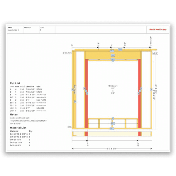 Wall framing blueprint PDF with measurements and cut list