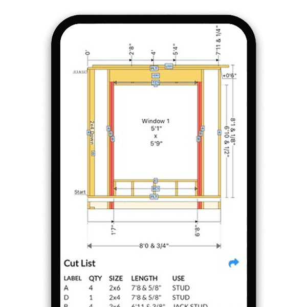 Wall framing calculator showing straight wall stud layout with measurements