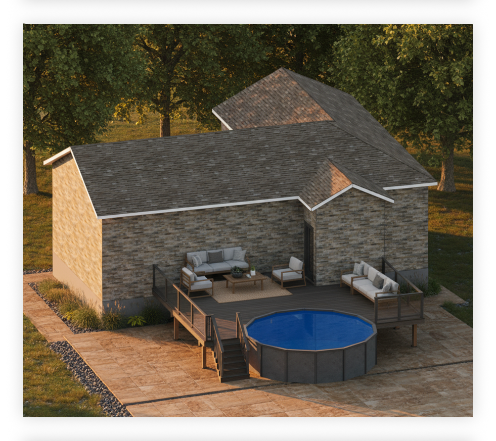 Photorealistic AI render from the RedX deck designer: composite deck with railings, stairs, outdoor furniture, and a pool beside a stone house
