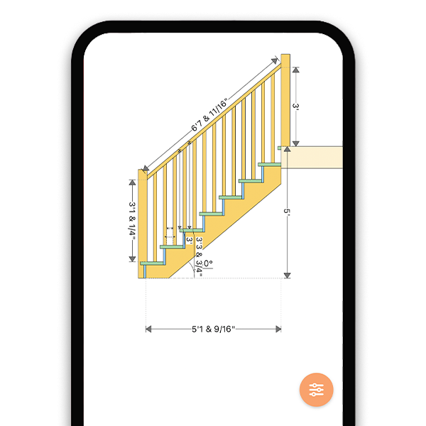 Baluster spacing calculator showing evenly spaced stair balusters on a railing in 3D