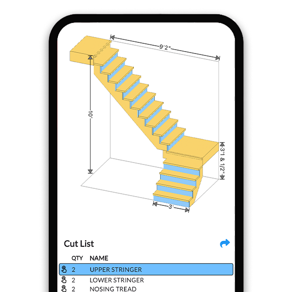 L-shaped quarter turn stair calculator showing a 3D staircase with landing between flights