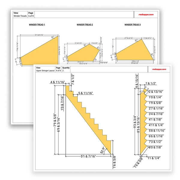 3D stair design software output: dimensioned stair blueprints with stringer layout