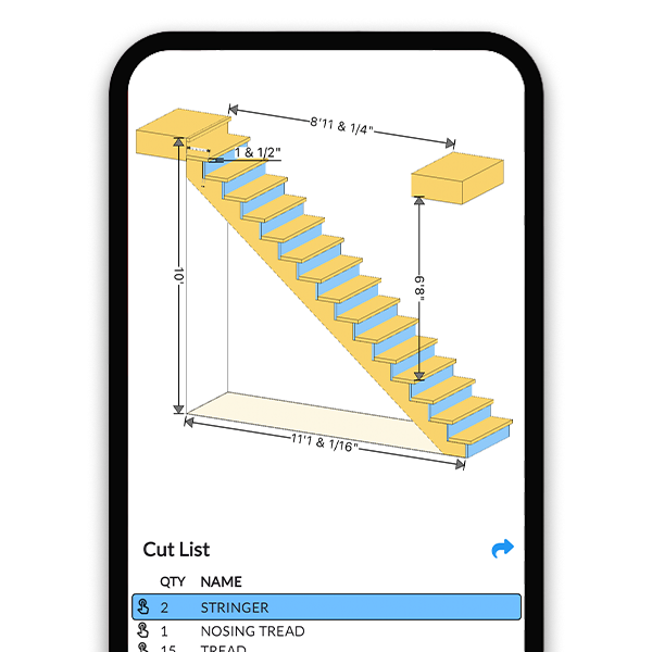 Straight stair stringer calculator showing a 3D flight with cut stringers, risers, and treads