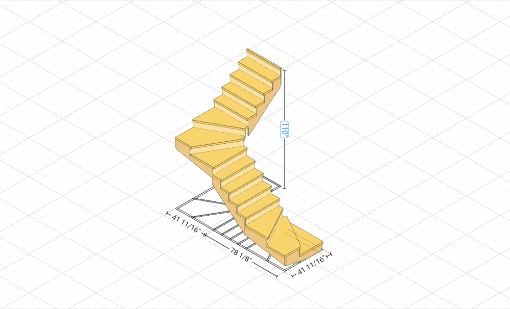C-Shaped Winder Stair built in the RedX 3D stair builder, with rise and run dimensions