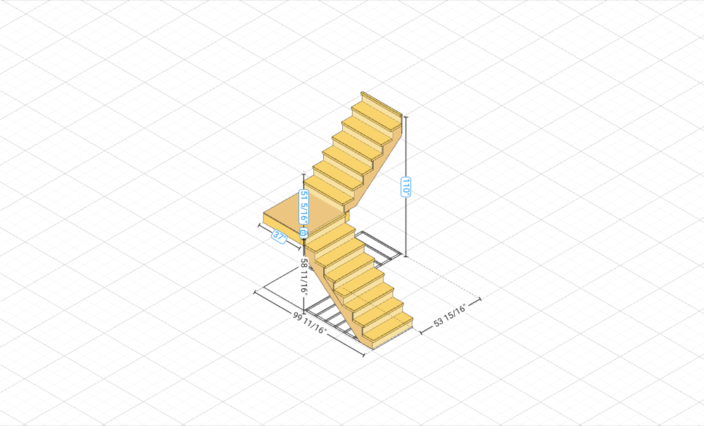 L-Shaped Stair with Landing built in the RedX 3D stair builder, with rise and run dimensions
