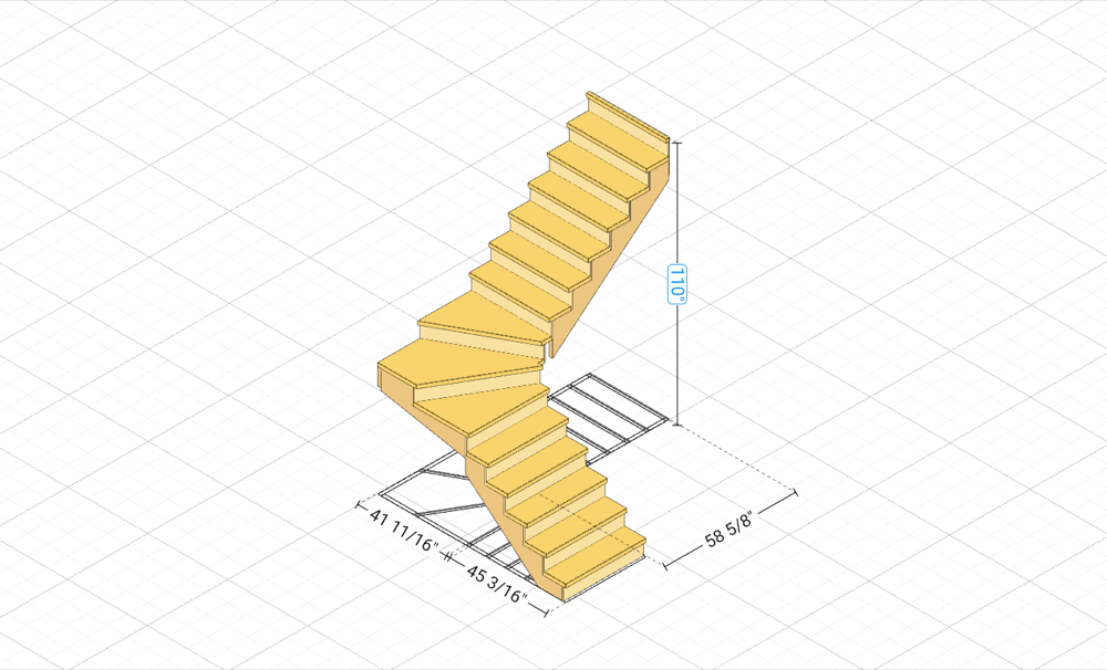 L-Shaped Winder Stair built in the RedX 3D stair builder, with rise and run dimensions