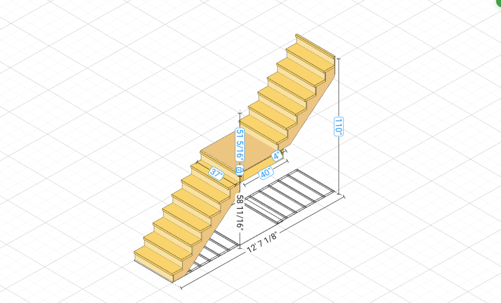 Straight Stair with Landing built in the RedX 3D stair builder, with rise and run dimensions