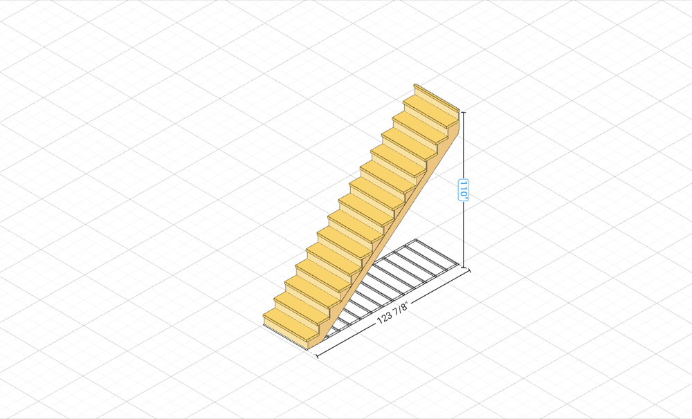 Straight Stair built in the RedX 3D stair builder, with rise and run dimensions
