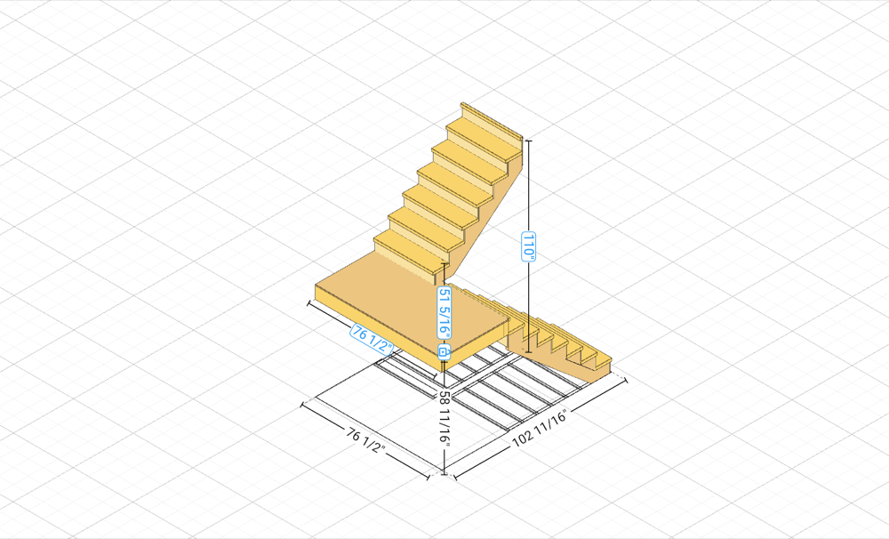 U-Shaped Stair with Landing built in the RedX 3D stair builder, with rise and run dimensions