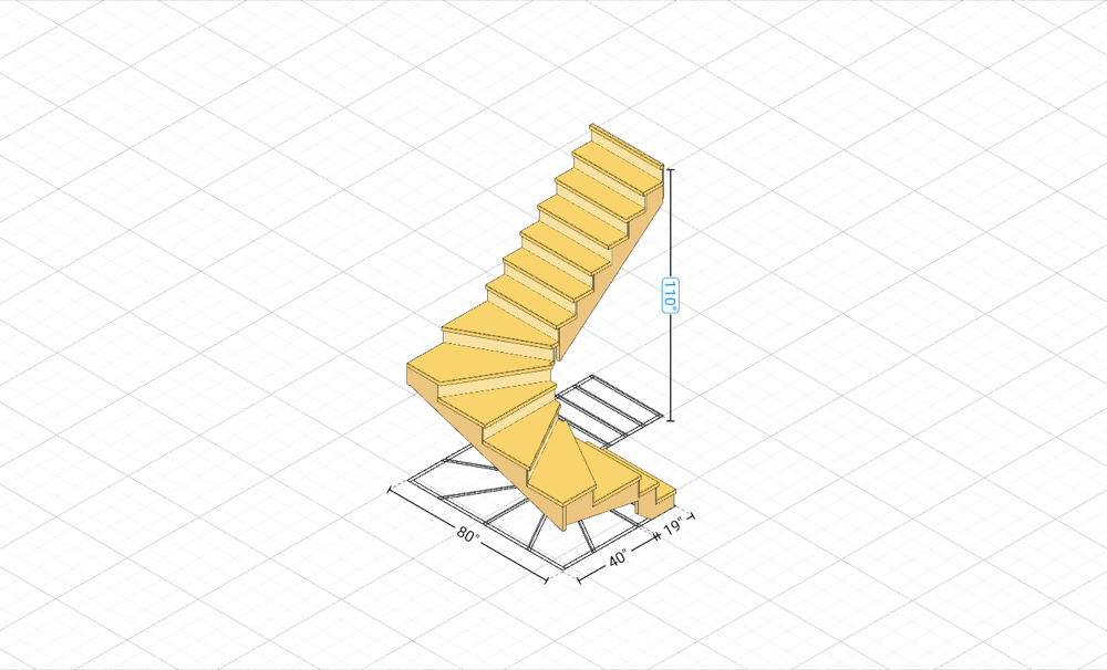 U-Shaped Winder Stair built in the RedX 3D stair builder, with rise and run dimensions