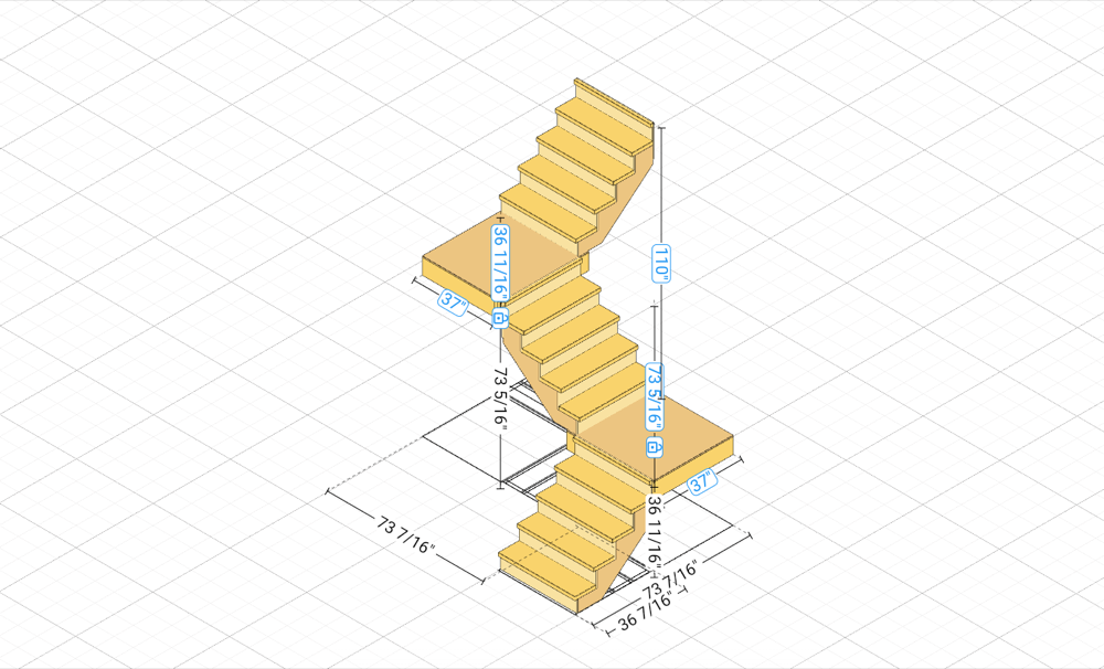Z-Shaped Stair with Landings built in the RedX 3D stair builder, with rise and run dimensions